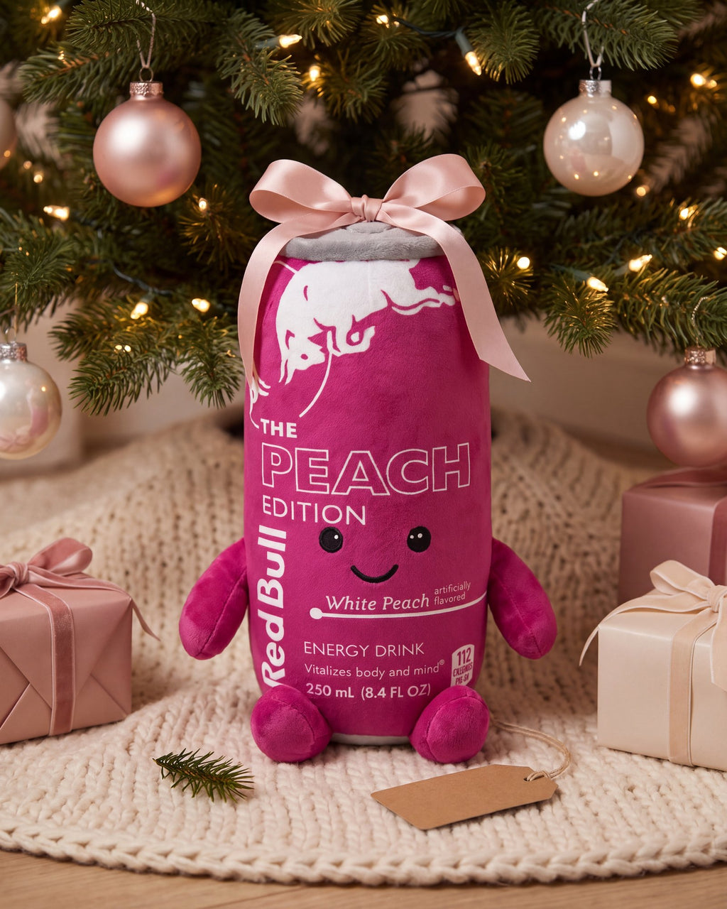 The Peach energy can plushie with a pink satin bow under a Christmas tree, the gift for your redbullholic